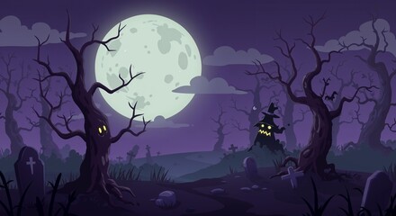 Mysterious Spooky Forest with Ghostly Graveyard and Full Moon  