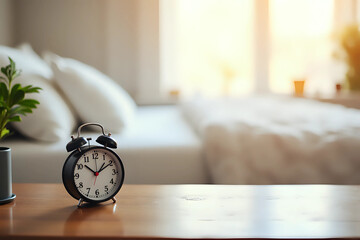 Alarm clock on wooden table top in a nice cozy and bright bedroom. Blurred bed and window background. Copy space for products display.