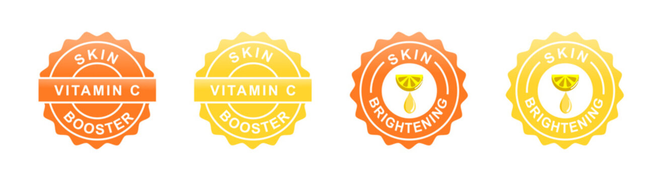 vitamin c skin booster brightening stamp, seal, badge, logo, label, logo yellow orange color. formula ingredients skincare, body care, healthcare