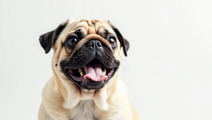 Obraz premium Single pug against bright white backdrop Focus on expressive face , expression, white, pet