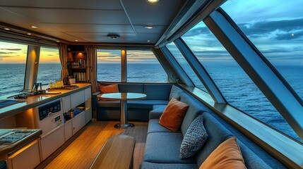 Fototapeta premium cozy cruise cabin interior with panoramic ocean view, modern design, warm lighting, soft details, peaceful and relaxing atmosphere 