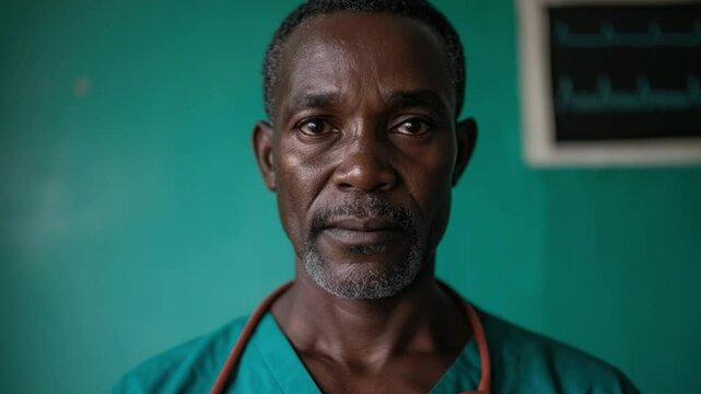 Medical Portrait: A seasoned male healthcare professional, his gaze filled with both weariness and compassion, stands against a soft, teal backdrop, a stethoscope draped across his neck.