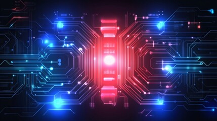 Obraz premium A vibrant, glowing circuit board design showcasing interconnected pathways.