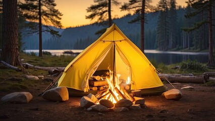 The warm light of a campfire reflects off a yellow tent, representing the spirit of wanderers at rest