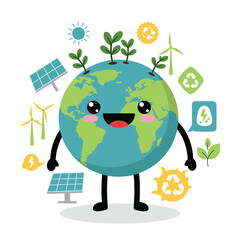 Earth's Embrace: A vibrant illustration showcases our planet as a cheerful character, surrounded by symbols of sustainable energy, promoting eco-consciousness and environmental responsibility.