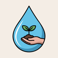 cute water drop icon holding small plant eco style