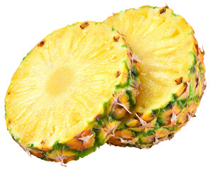 Pineapple slice isolated png. Pineapple on transparent background. Cut pineapple no background. Two...