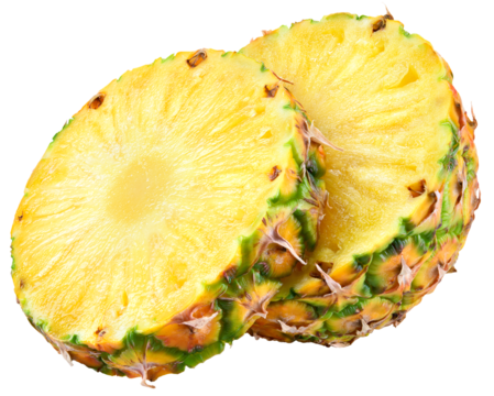 Pineapple slice isolated png. Pineapple on transparent background. Cut pineapple no background. Two round pineapple slices transparent png. Full depth of field.