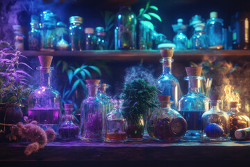 Obraz premium Mystical potion workshop filled with colorful bottles and herbs at night