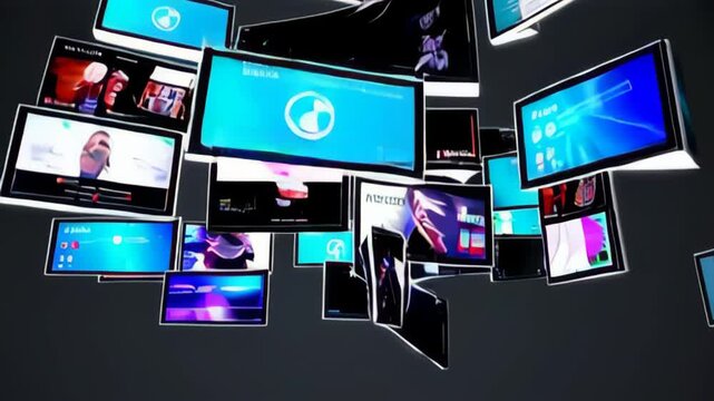 Dynamic display of floating digital screens showcasing diverse content in hightech environment