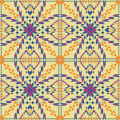 seamless geometric pattern with repeating diamond and triangular shapes in blue,purple,yellow on light yellow background.design for tile,ceramics,fabric,textile,wallpaper,background,carpet.