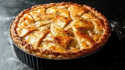 Delicious flaky pie with golden crust and intricately woven lattice top on a dark background