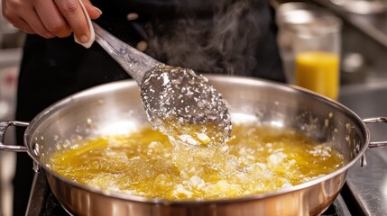 Close-Up of Stirring Ingredients in a Professional Kitchen, Cooking Process with Steam and Flavorful Oil