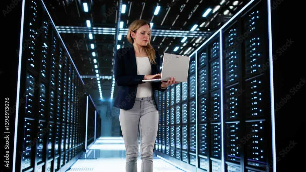 Fototapete Happy Engineer In Data Center Server Room Configuring AI