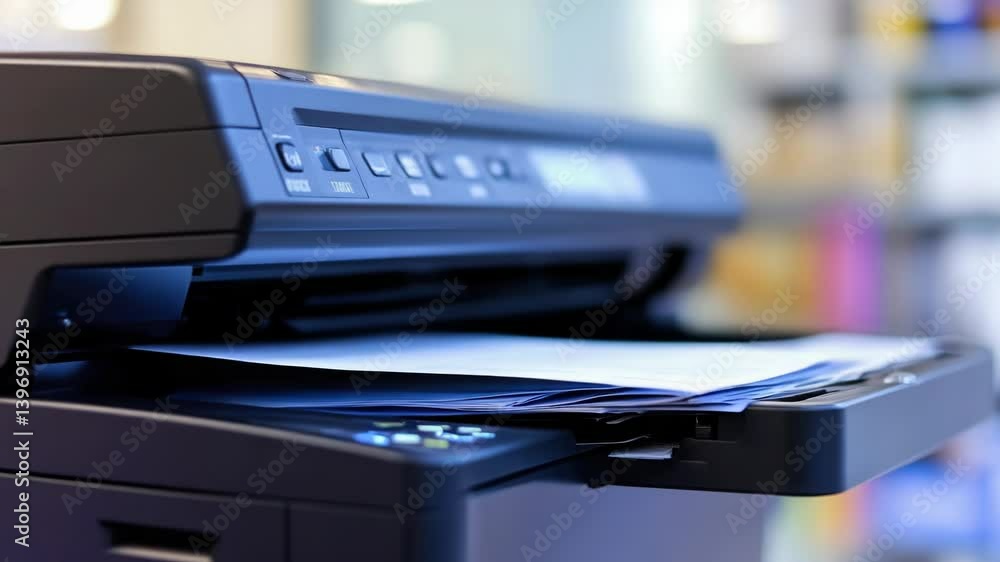 Poster A close-up view of a printer on a desk, suitable for use in office or home environments.