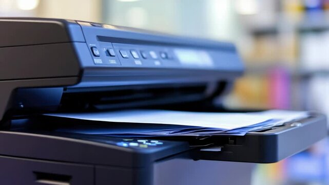 A close-up view of a printer on a desk, suitable for use in office or home environments.