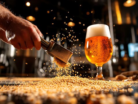 Brewer pouring hops into beer - Powered by Adobe