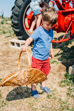 Young boy holds basket near vintage red tractor outdoors