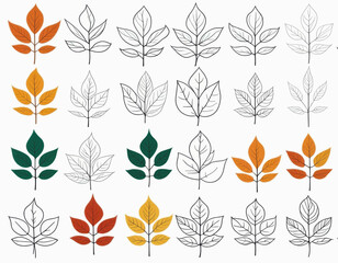 Fototapeta premium Autumn Leaves Collection: Graphic Design Elements featuring various colors and line art styles for fall designs