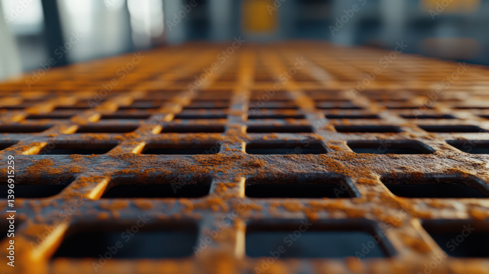 Poster rusty metal grid: a detailed, low-angle shot captures the intricate pattern and texture of a weather