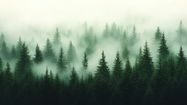 Misty Green Coniferous Forest Under Soft Light