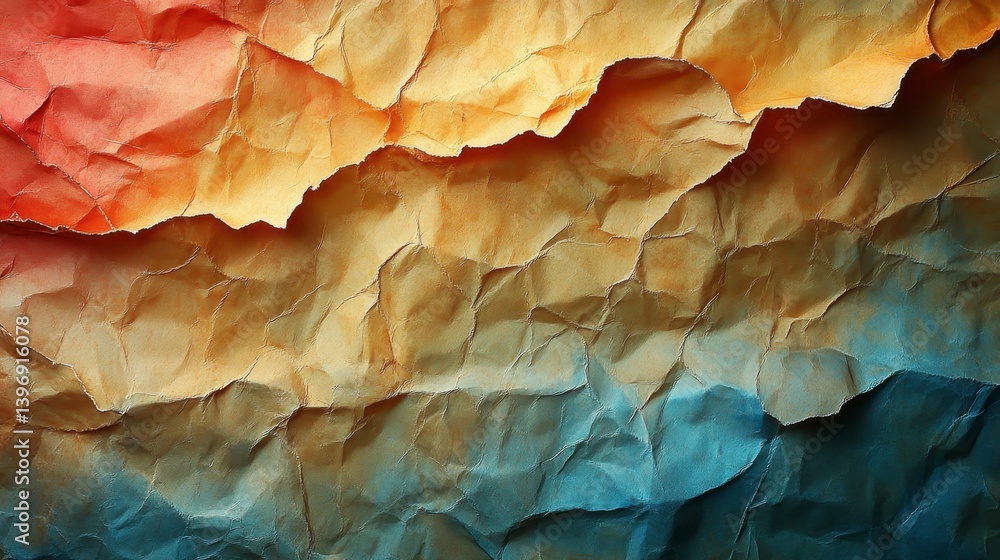 Poster wrinkled paper reveals gradient of colors, creating textured and abstract backdrop