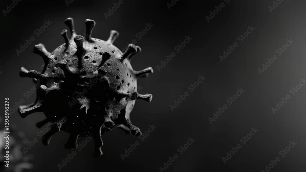 Poster a magnified view of what appears to be a virus particle with spike-like projections on its surface.
