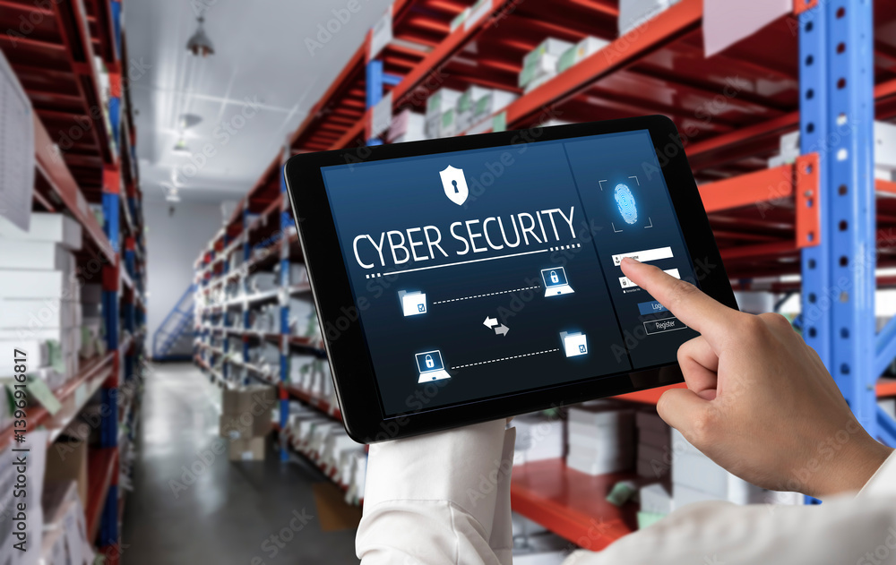 Poster cyber security system on computer screen protect private information snugly from hacker and cyber at