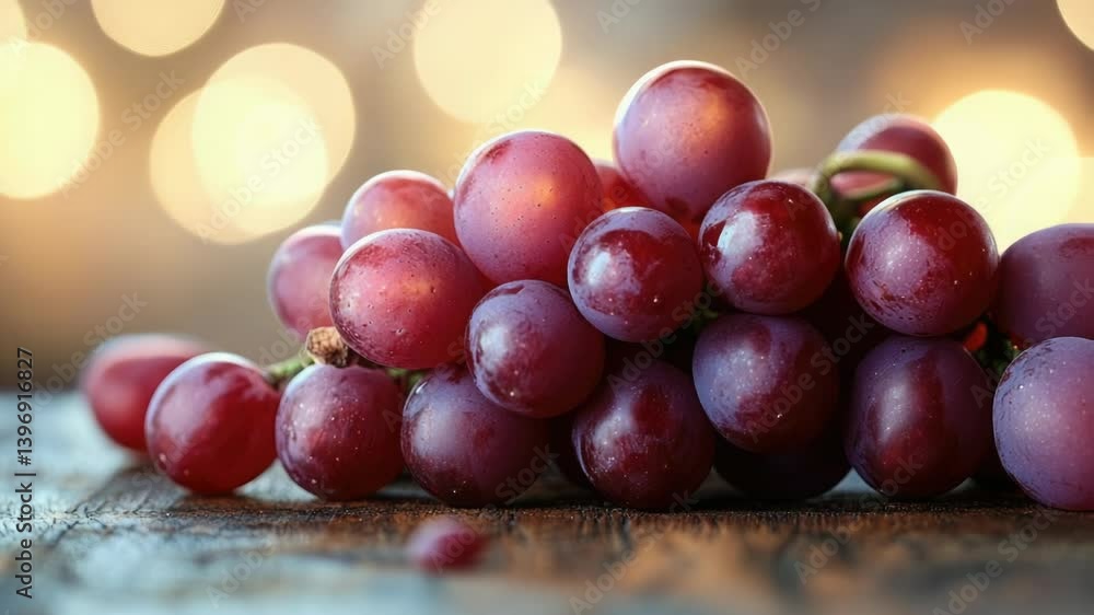 Poster a cluster of fresh grapes sits atop a rustic wooden table.