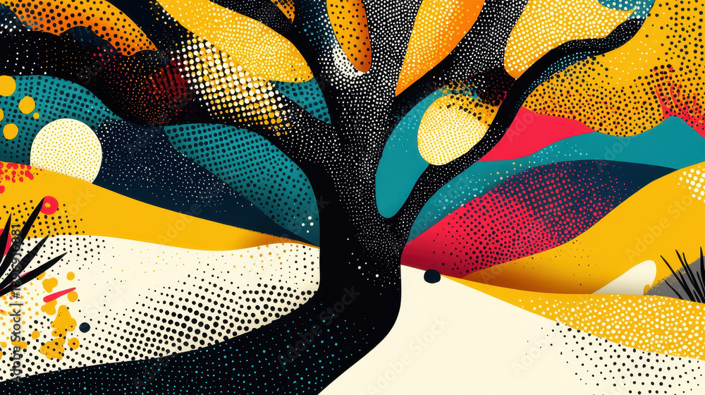 Poster whical home decor illustration of a stylized tree with colorful textured leaves and branches against