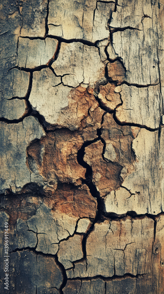 Poster rustic wood's journey: a close-up view of a weathered wood, its surface is intricately patterned wit