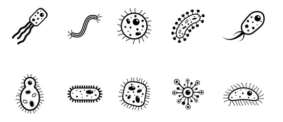  Bacteria black icons set. vector