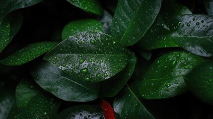 Fototapeta premium Lush green leaves covered in morning dew drops. Close-up view of vibrant foliage