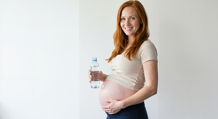 Cheerful Pregnant Woman Staying Hydrated with Water Bottle Against White Background
