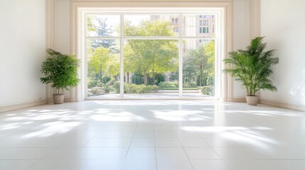 Fototapeta premium Bright Room Plants and Window Minimalist Style Natural Light Wide Shot Clean Lines Peaceful View Sunlit Greenery Serene Mood Real Estate Marketing