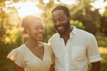 A happy African-American couple laughs together in a sunlit park, enjoying a carefree moment.