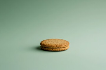A delicious twolayered biscuit sits on a plain green surface