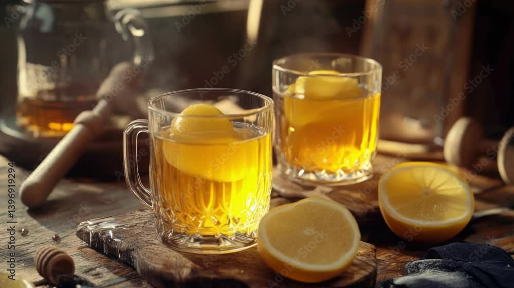 Poster a close-up shot of two glasses of tea with lemon slices arranged on a cutting board.