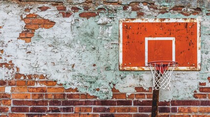 Basketball backboard with peeling paint against a rustic brick wall background