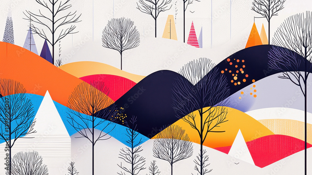 Poster tranquil nature getaway with vibrant abstract hills and leafless trees against a minimalist backgrou