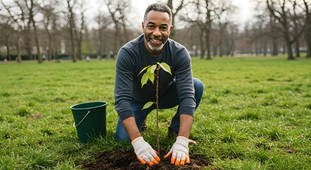 A person wearing gardening gloves is planting a young tree in a sunlit park, symbolizing care for nature and environmental conservation.