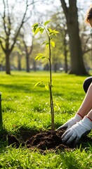 A person wearing gardening gloves is planting a young tree in a sunlit park, symbolizing care for nature and environmental conservation.