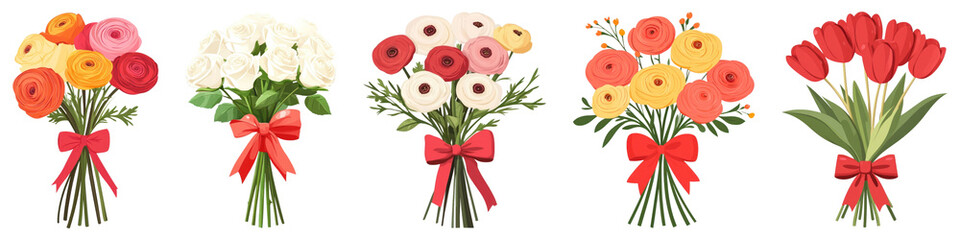 Fototapeta premium PNG Colorful floral bouquets with ribbons, element set on transparent background