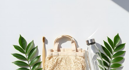 Eco-friendly items like a glass bottle, bamboo toothbrush, natural scrub brush, and reusable cotton bag arranged with green leaves on a white background.