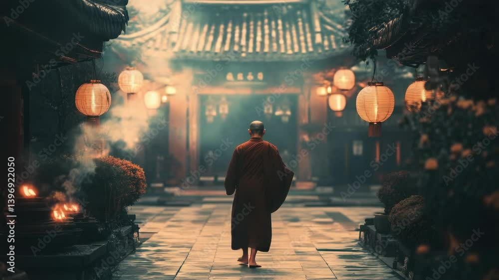Poster a monk walks down a quiet street, illuminated by flickering lanterns.