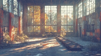 Abandoned factory interior, sunlight through windows