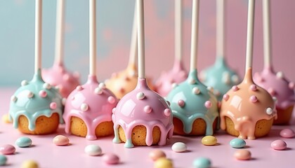 Colorful cake pops with pink and blue icing, decorated with sprinkles, on a pastel background. Sweet, delightful treats.