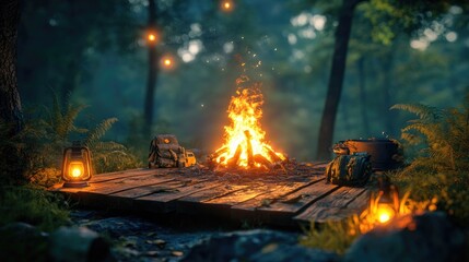 Campfire burning on a wooden platform in a forest, surrounded by gear and lanterns