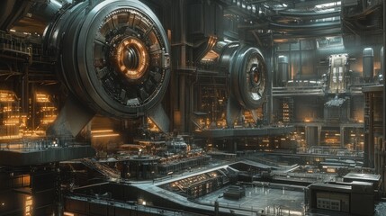 Fototapeta premium Futuristic Industrial Complex: A Digital Rendering of a Sci-Fi Factory Interior