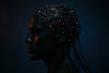 Futuristic head sculpture with integrated circuitry elements.